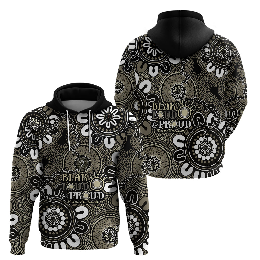 NAIDOC Week 2024 Fire Burning Hoodie Aboriginal Dots Black Art
