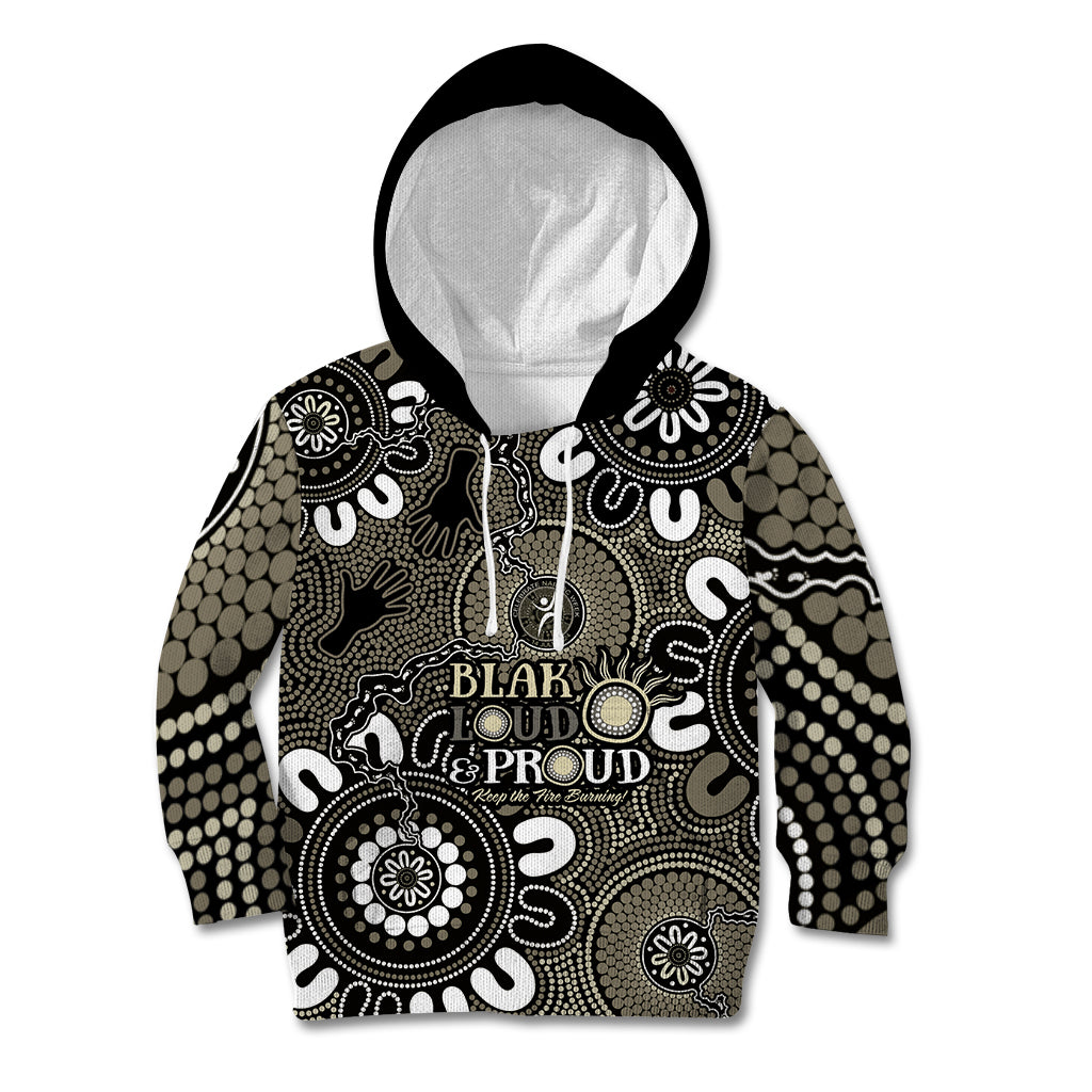 NAIDOC Week 2024 Fire Burning Kid Hoodie Aboriginal Dots Black Art