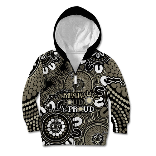NAIDOC Week 2024 Fire Burning Kid Hoodie Aboriginal Dots Black Art
