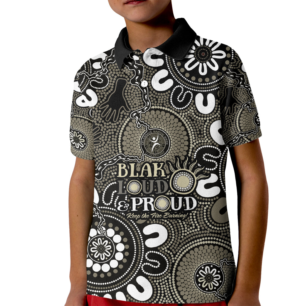 NAIDOC Week 2024 Fire Burning Kid Polo Shirt Aboriginal Dots Black Art