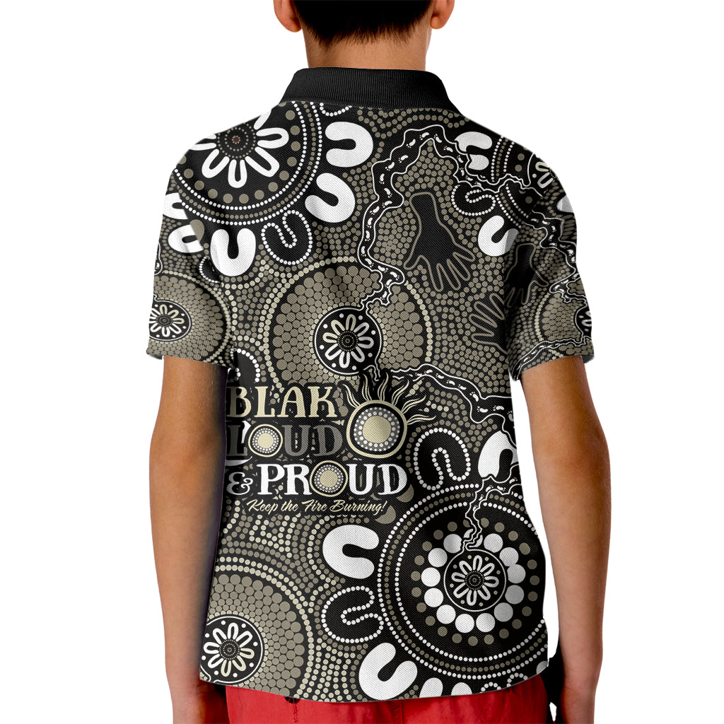 NAIDOC Week 2024 Fire Burning Kid Polo Shirt Aboriginal Dots Black Art