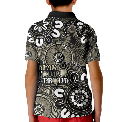 NAIDOC Week 2024 Fire Burning Kid Polo Shirt Aboriginal Dots Black Art