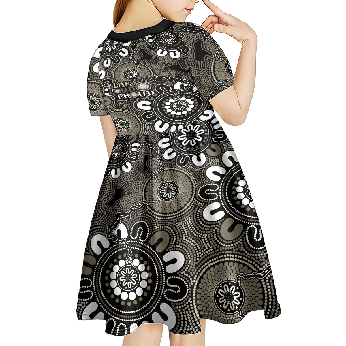 NAIDOC Week 2024 Fire Burning Kid Short Sleeve Dress Aboriginal Dots Black Art