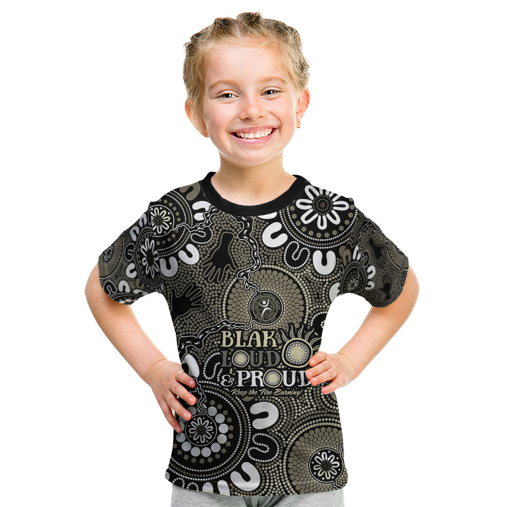 NAIDOC Week 2024 Fire Burning Kid T Shirt Aboriginal Dots Black Art