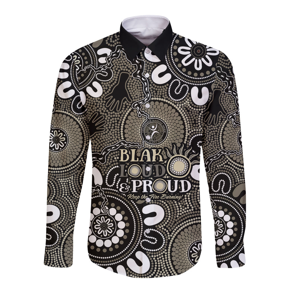 NAIDOC Week 2024 Fire Burning Long Sleeve Button Shirt Aboriginal Dots Black Art