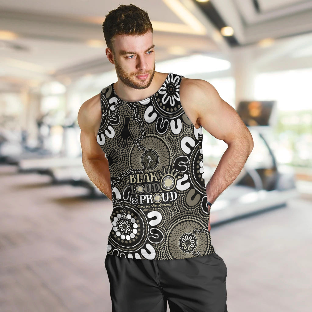 NAIDOC Week 2024 Fire Burning Men Tank Top Aboriginal Dots Black Art