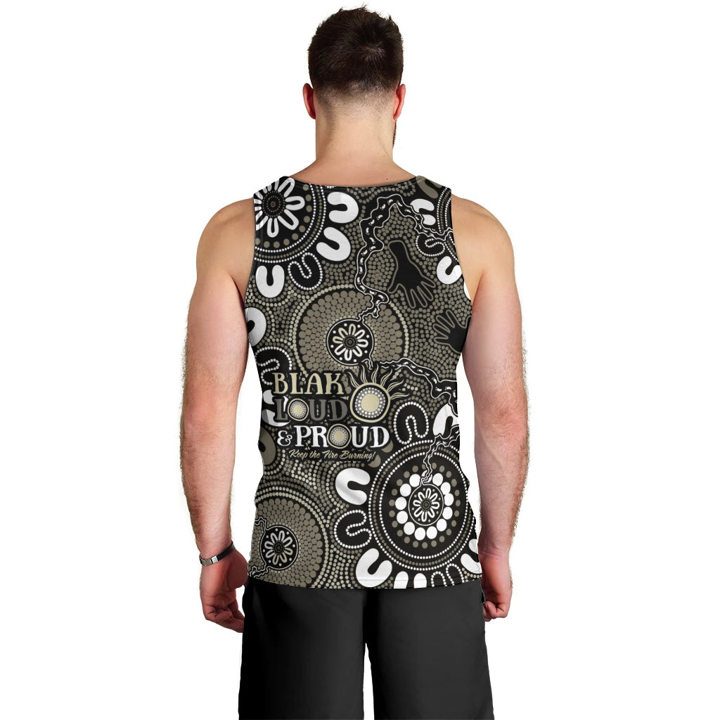 NAIDOC Week 2024 Fire Burning Men Tank Top Aboriginal Dots Black Art