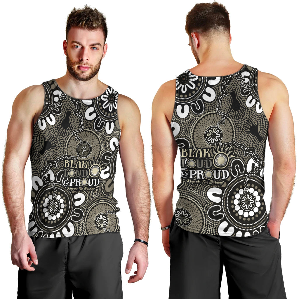 NAIDOC Week 2024 Fire Burning Men Tank Top Aboriginal Dots Black Art