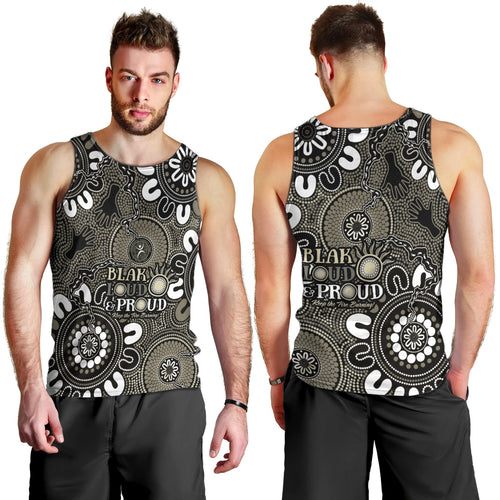 NAIDOC Week 2024 Fire Burning Men Tank Top Aboriginal Dots Black Art
