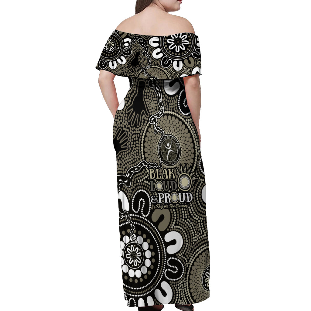 NAIDOC Week 2024 Fire Burning Off Shoulder Maxi Dress Aboriginal Dots Black Art