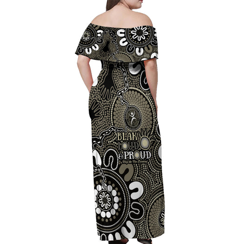 NAIDOC Week 2024 Fire Burning Off Shoulder Maxi Dress Aboriginal Dots Black Art