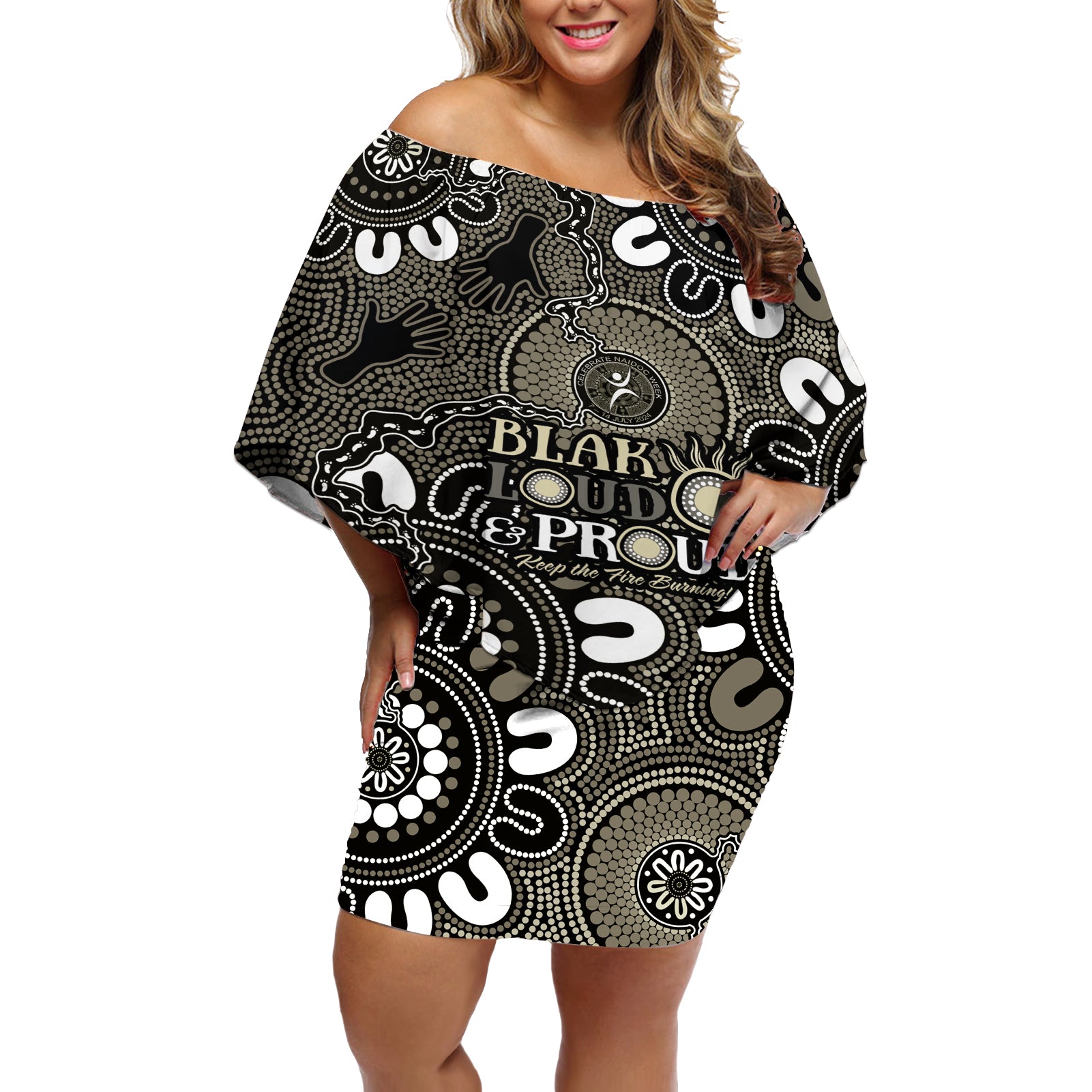 NAIDOC Week 2024 Fire Burning Off Shoulder Short Dress Aboriginal Dots Black Art
