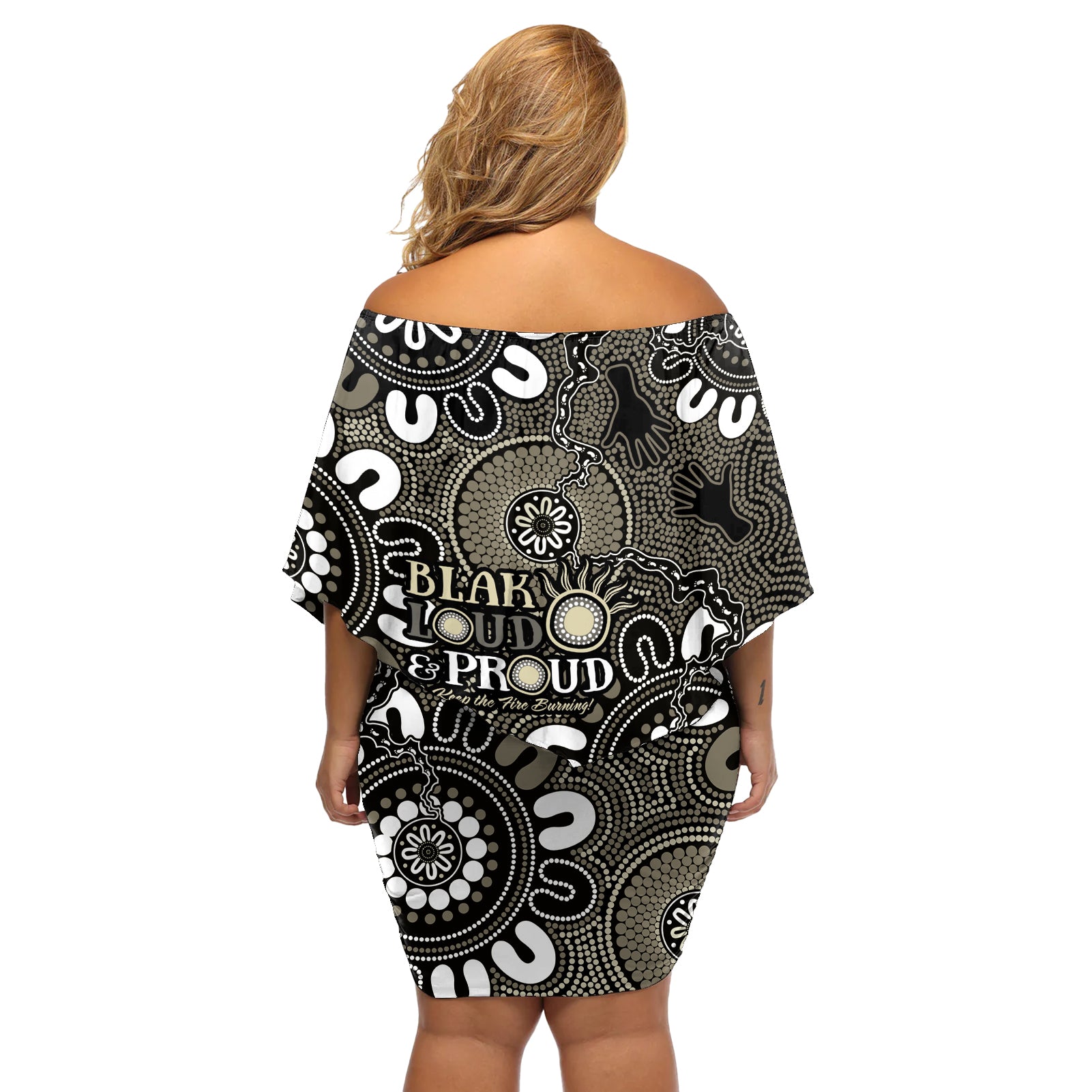 NAIDOC Week 2024 Fire Burning Off Shoulder Short Dress Aboriginal Dots Black Art