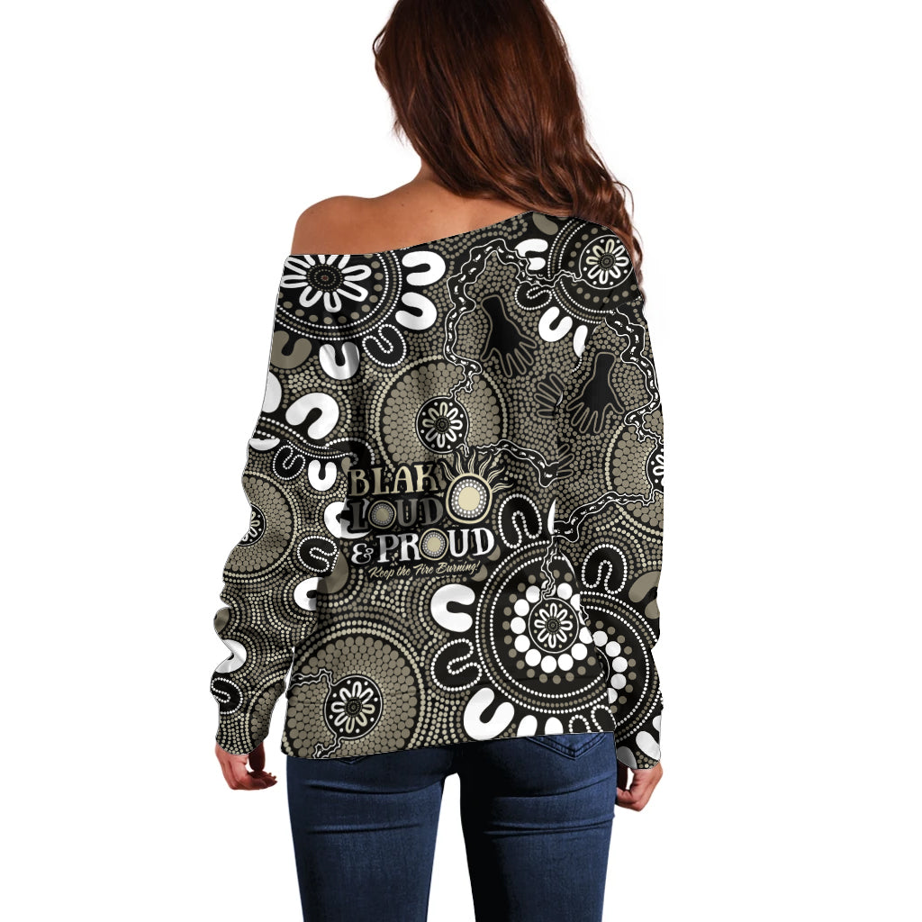 NAIDOC Week 2024 Fire Burning Off Shoulder Sweater Aboriginal Dots Black Art