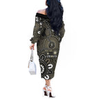 NAIDOC Week 2024 Fire Burning Off The Shoulder Long Sleeve Dress Aboriginal Dots Black Art