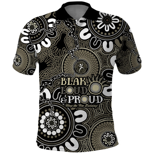 NAIDOC Week 2024 Fire Burning Polo Shirt Aboriginal Dots Black Art