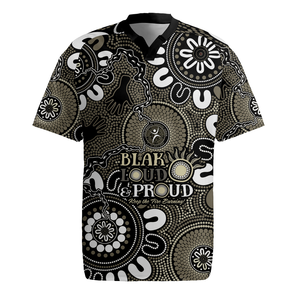 NAIDOC Week 2024 Fire Burning Rugby Jersey Aboriginal Dots Black Art