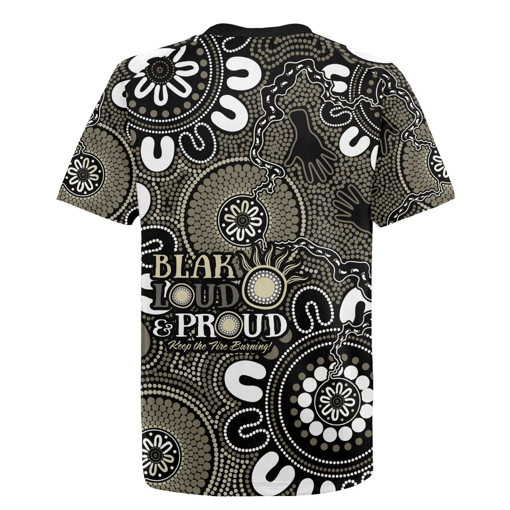 NAIDOC Week 2024 Fire Burning Rugby Jersey Aboriginal Dots Black Art