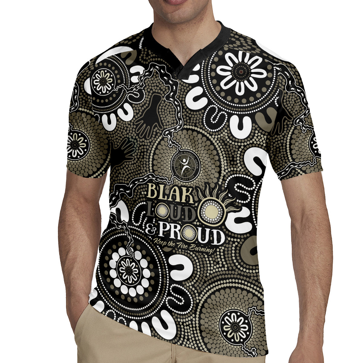 NAIDOC Week 2024 Fire Burning Rugby Jersey Aboriginal Dots Black Art