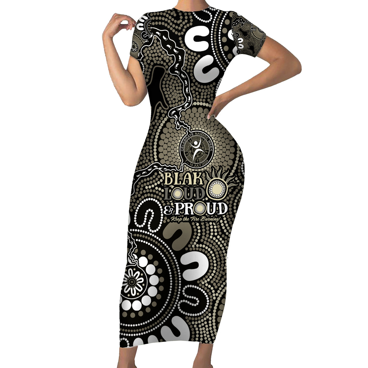 NAIDOC Week 2024 Fire Burning Short Sleeve Bodycon Dress Aboriginal Dots Black Art