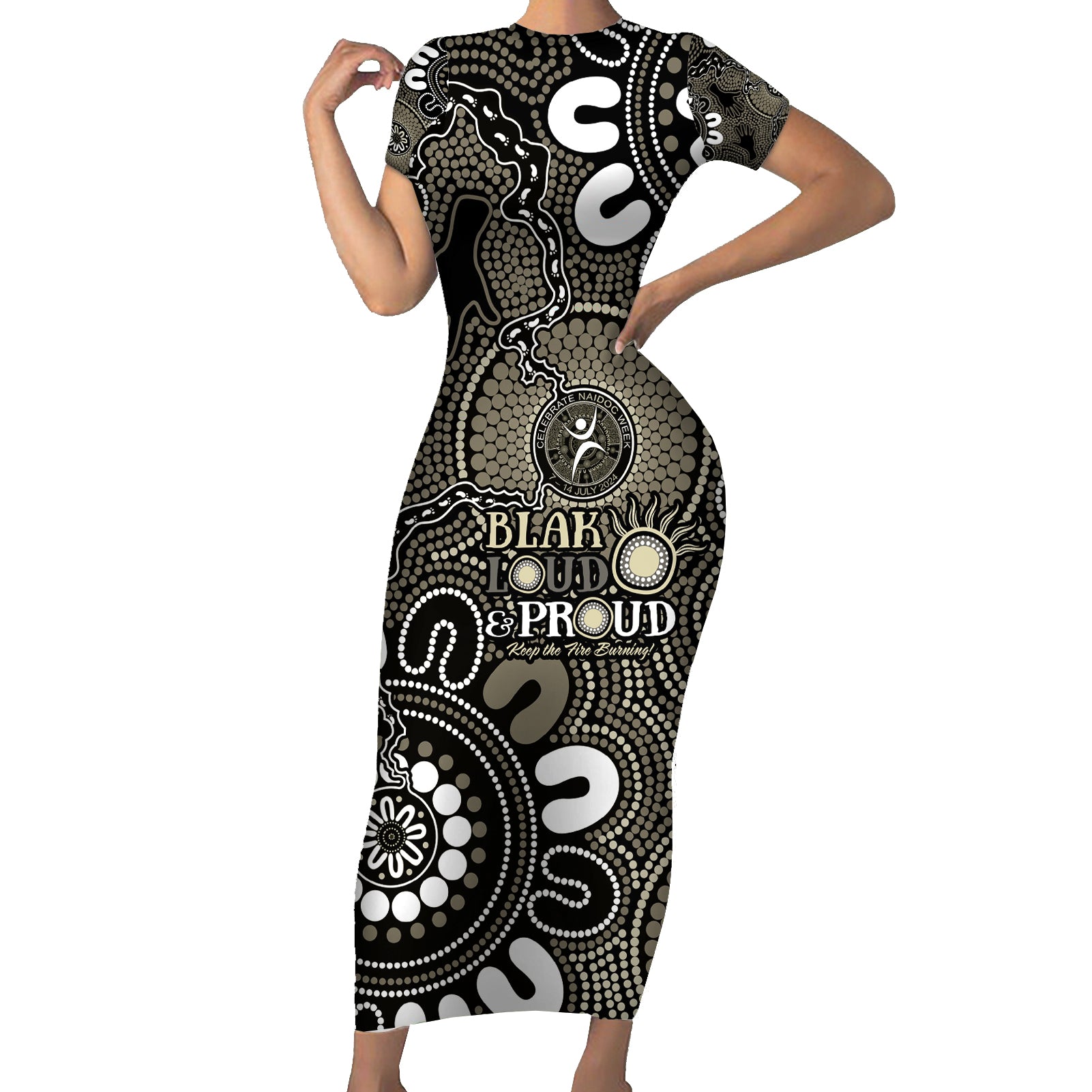 NAIDOC Week 2024 Fire Burning Short Sleeve Bodycon Dress Aboriginal Dots Black Art