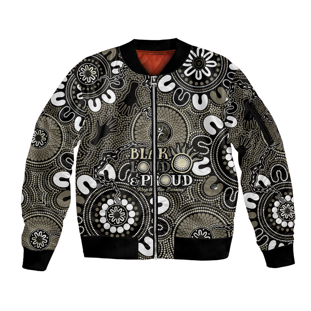 NAIDOC Week 2024 Fire Burning Sleeve Zip Bomber Jacket Aboriginal Dots Black Art