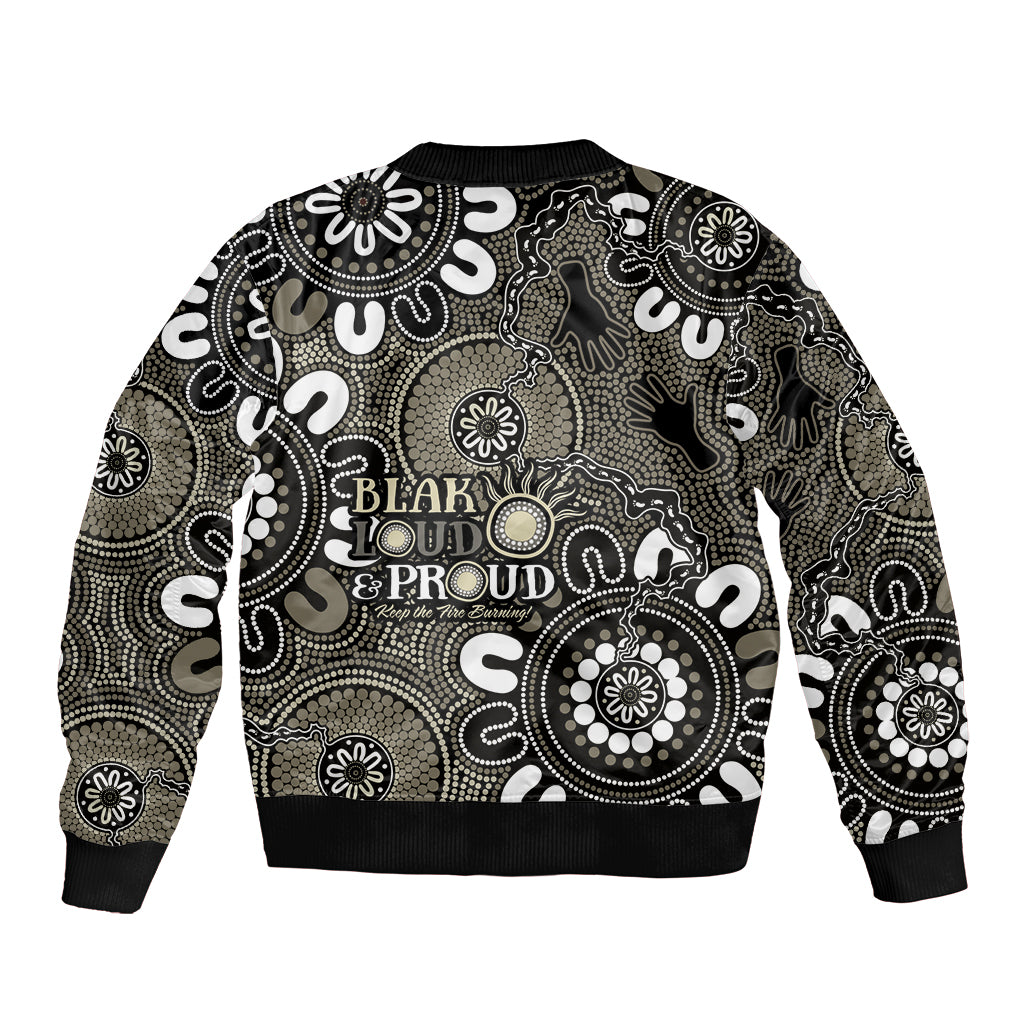 NAIDOC Week 2024 Fire Burning Sleeve Zip Bomber Jacket Aboriginal Dots Black Art