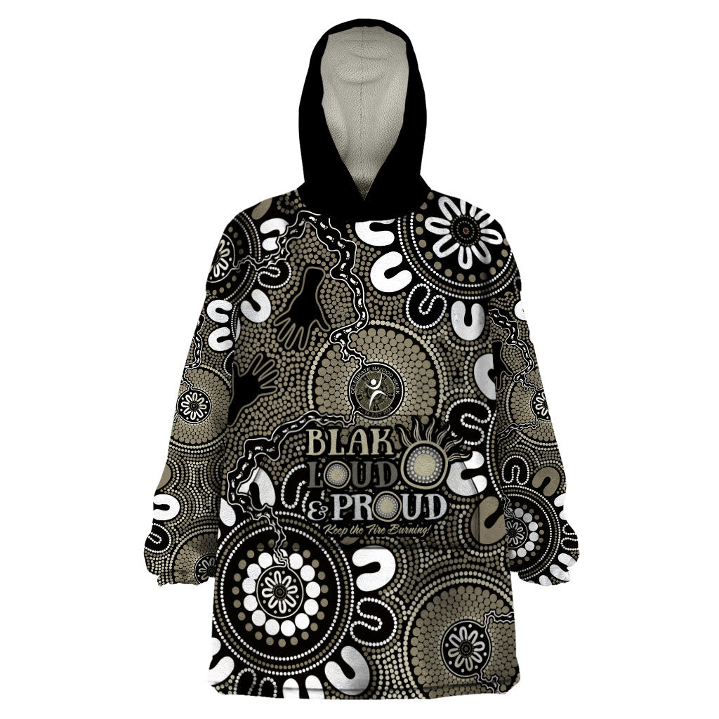 NAIDOC Week 2024 Fire Burning Wearable Blanket Hoodie Aboriginal Dots Black Art