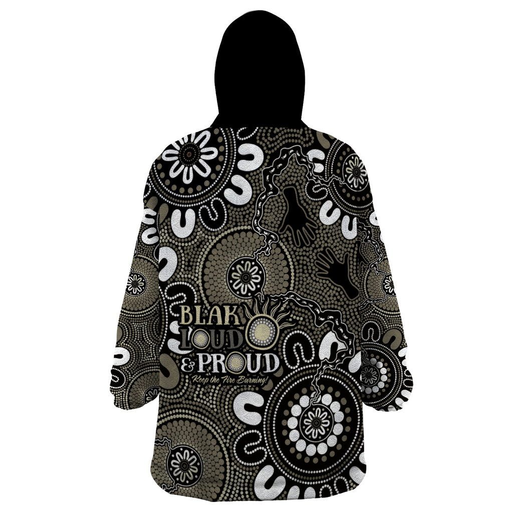 NAIDOC Week 2024 Fire Burning Wearable Blanket Hoodie Aboriginal Dots Black Art
