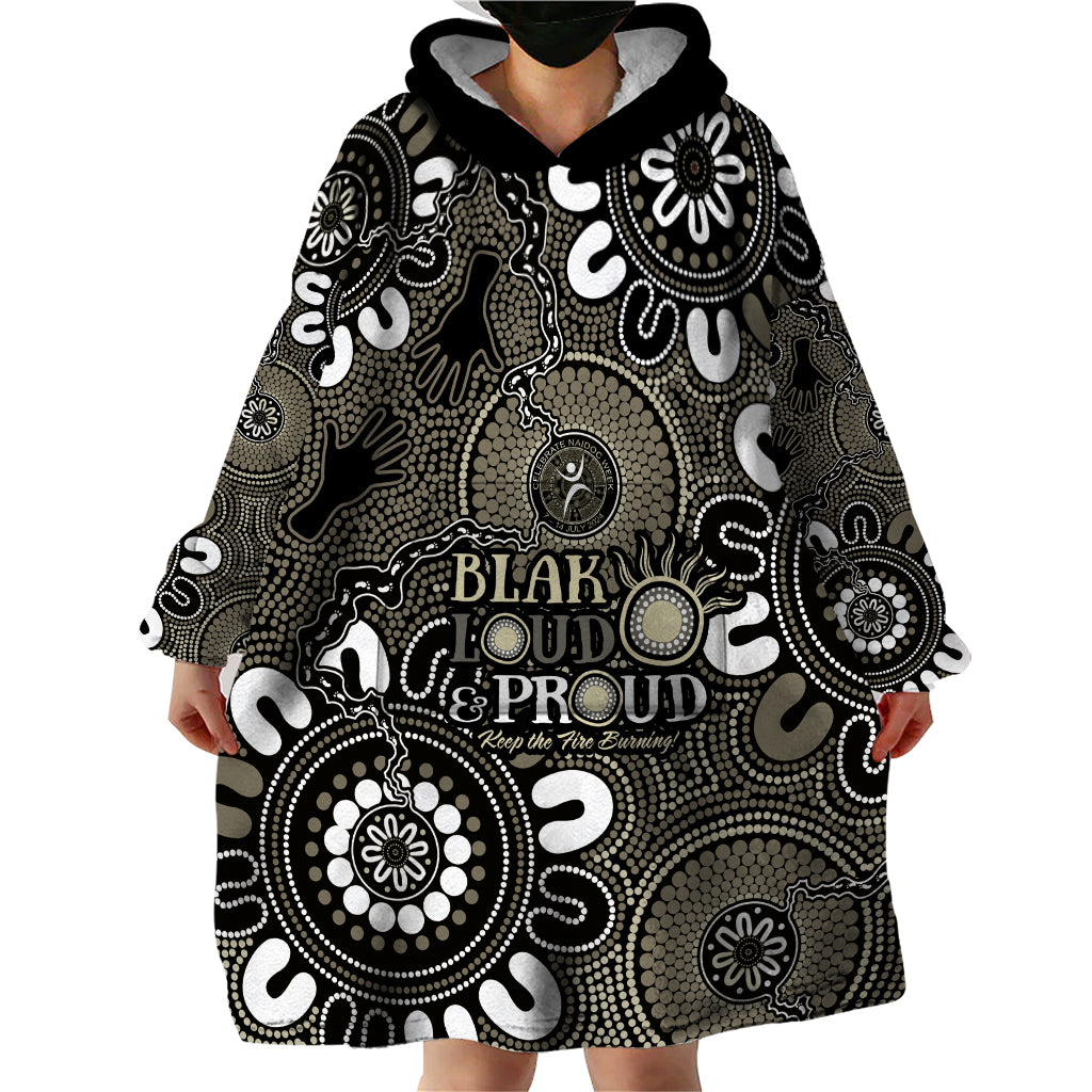 NAIDOC Week 2024 Fire Burning Wearable Blanket Hoodie Aboriginal Dots Black Art
