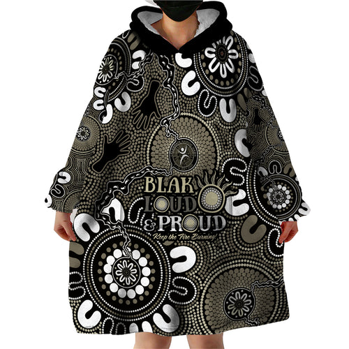 NAIDOC Week 2024 Fire Burning Wearable Blanket Hoodie Aboriginal Dots Black Art