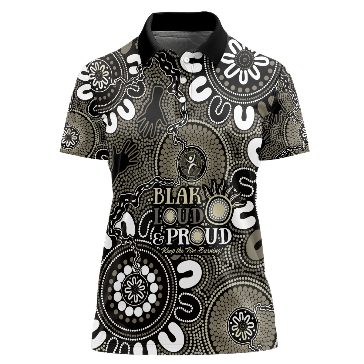 NAIDOC Week 2024 Fire Burning Women Polo Shirt Aboriginal Dots Black Art