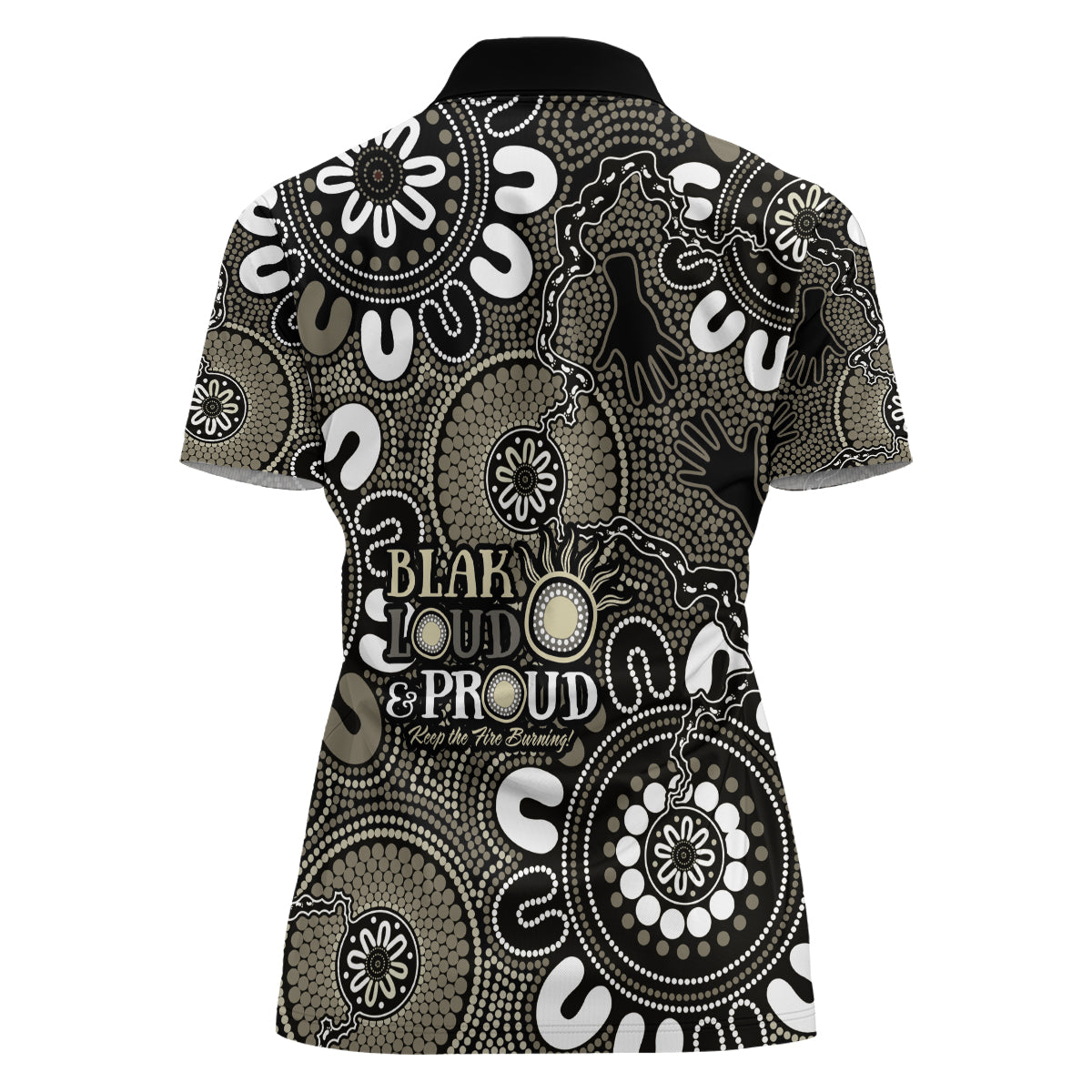 NAIDOC Week 2024 Fire Burning Women Polo Shirt Aboriginal Dots Black Art
