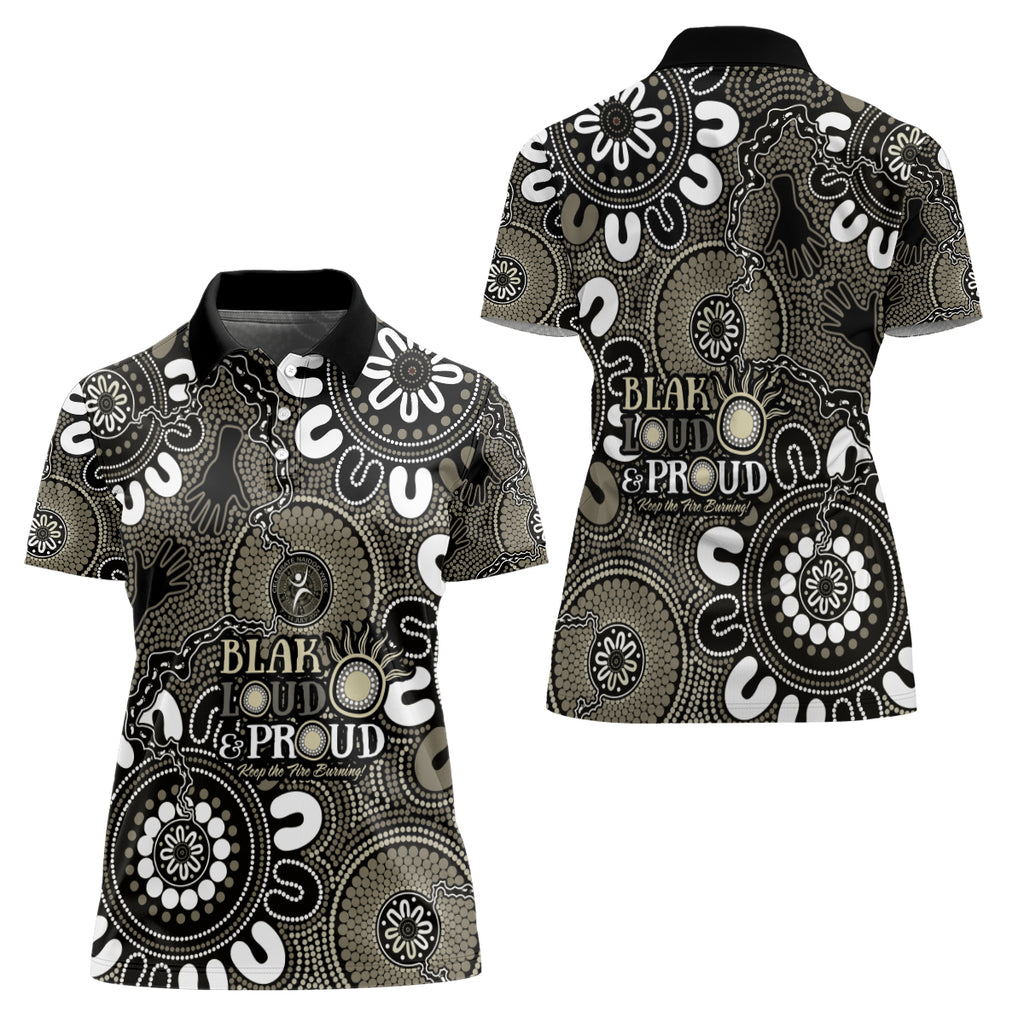NAIDOC Week 2024 Fire Burning Women Polo Shirt Aboriginal Dots Black Art