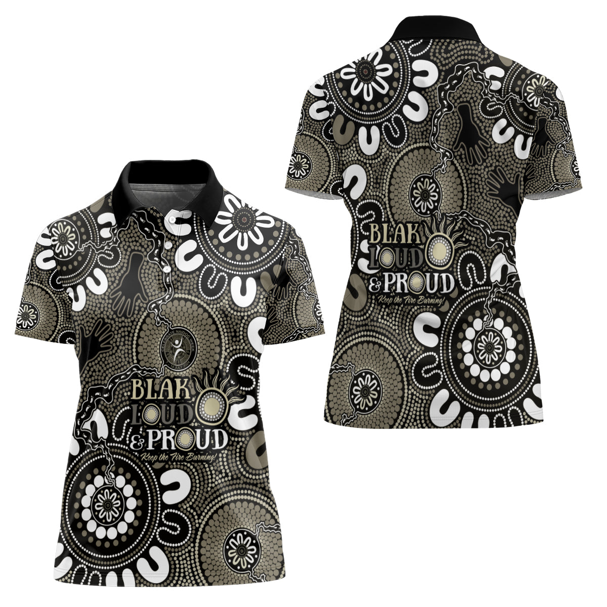 NAIDOC Week 2024 Fire Burning Women Polo Shirt Aboriginal Dots Black Art