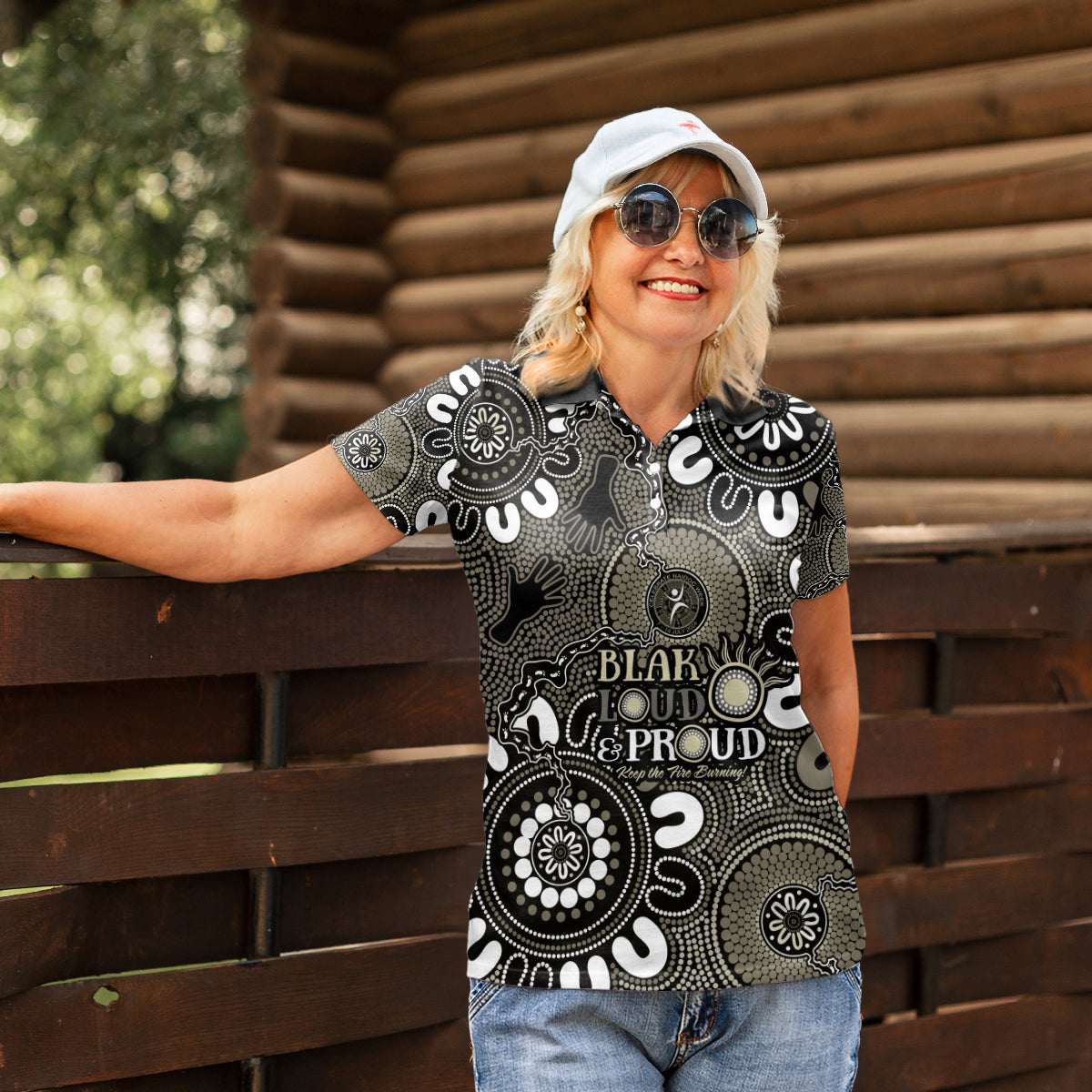 NAIDOC Week 2024 Fire Burning Women Polo Shirt Aboriginal Dots Black Art