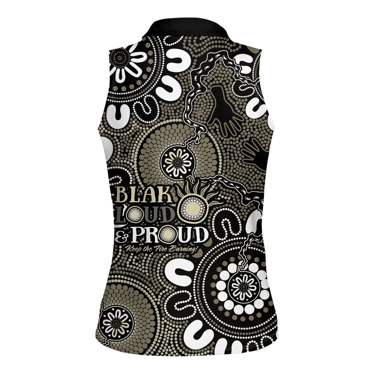 NAIDOC Week 2024 Fire Burning Women Sleeveless Polo Shirt Aboriginal Dots Black Art