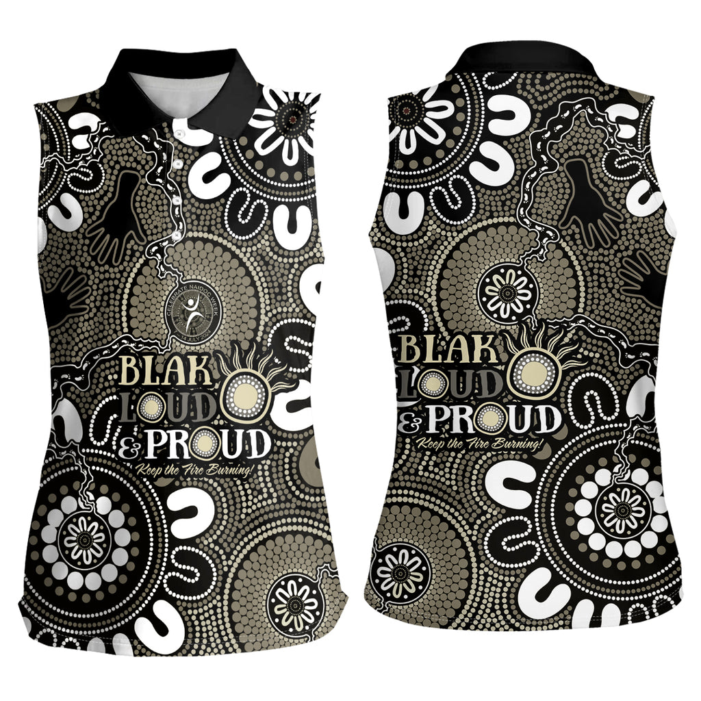 NAIDOC Week 2024 Fire Burning Women Sleeveless Polo Shirt Aboriginal Dots Black Art