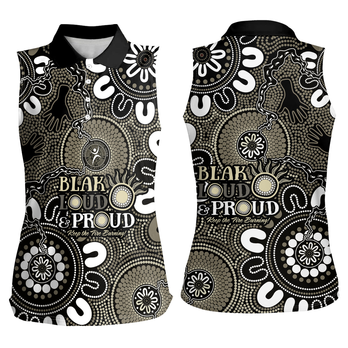 NAIDOC Week 2024 Fire Burning Women Sleeveless Polo Shirt Aboriginal Dots Black Art