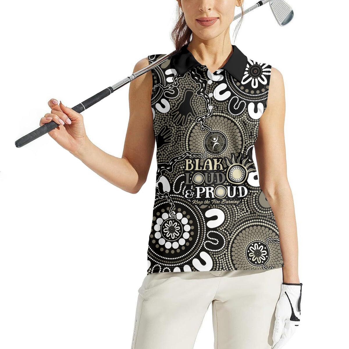 NAIDOC Week 2024 Fire Burning Women Sleeveless Polo Shirt Aboriginal Dots Black Art