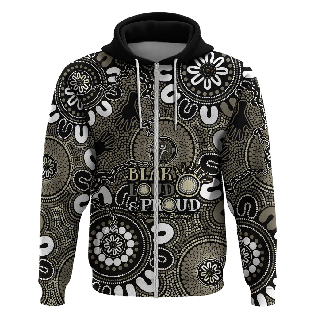 NAIDOC Week 2024 Fire Burning Zip Hoodie Aboriginal Dots Black Art