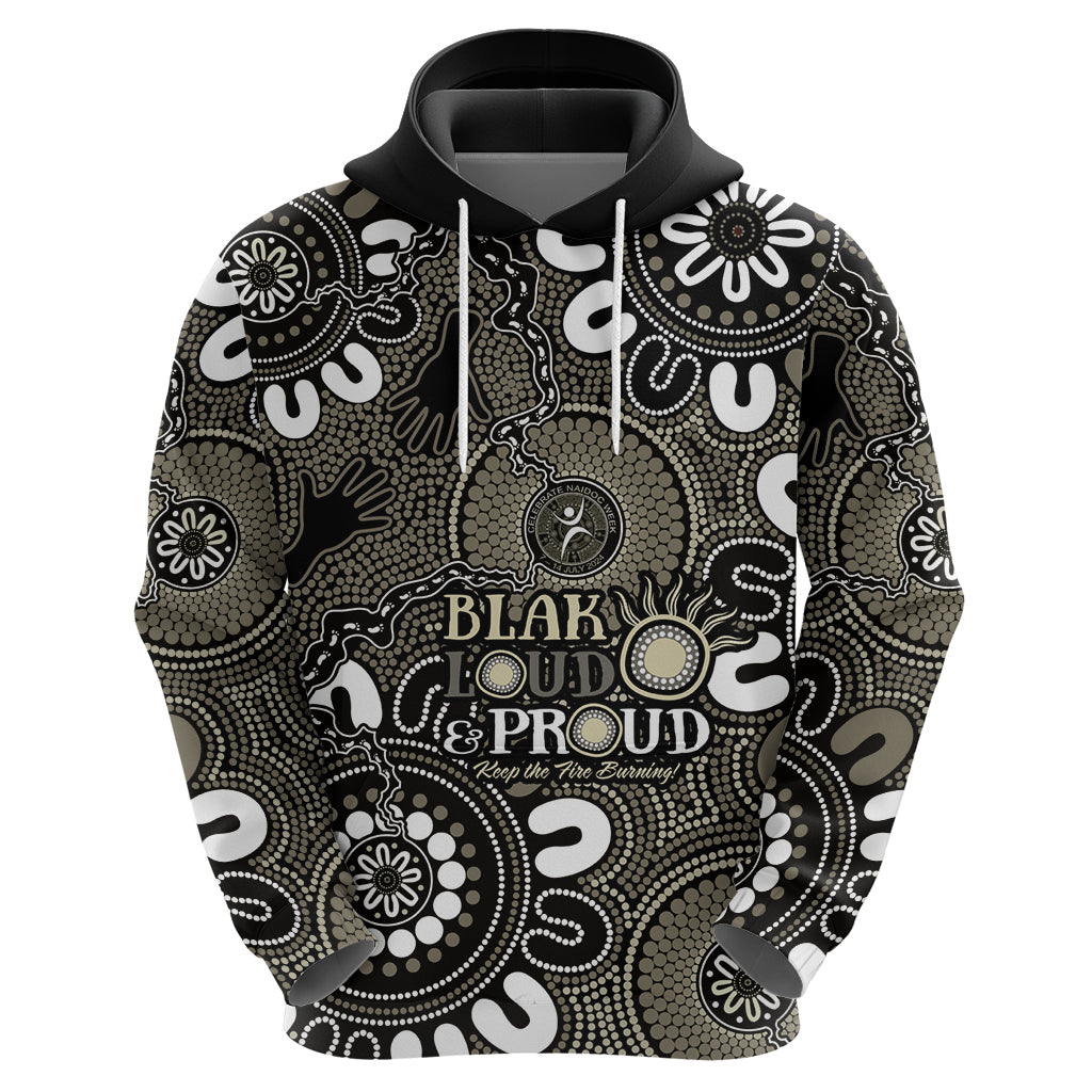 NAIDOC Week 2024 Fire Burning Zip Hoodie Aboriginal Dots Black Art