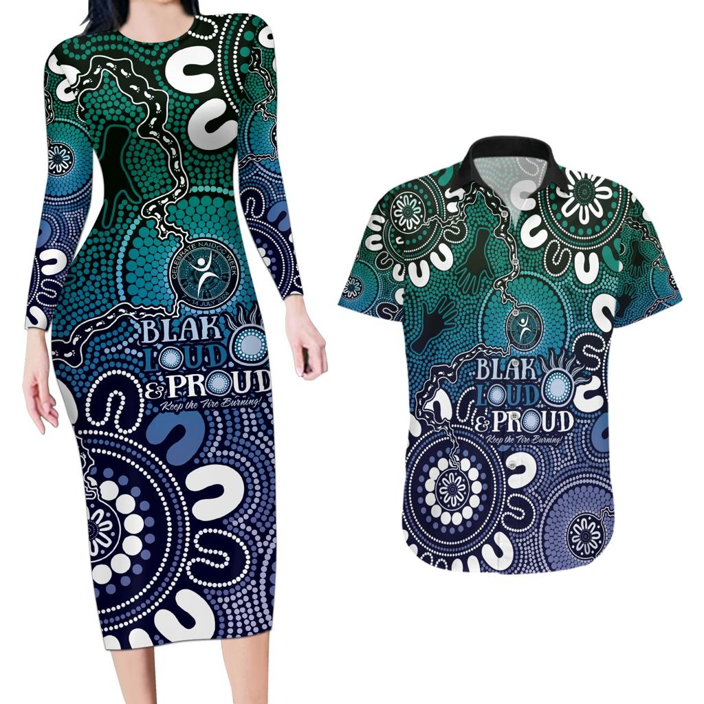 NAIDOC Week 2024 Fire Burning Couples Matching Long Sleeve Bodycon Dress and Hawaiian Shirt Aboriginal Dots Blue Art