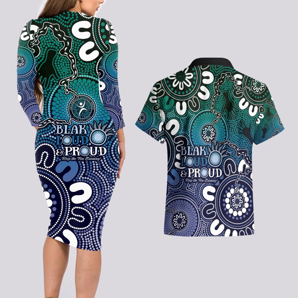 NAIDOC Week 2024 Fire Burning Couples Matching Long Sleeve Bodycon Dress and Hawaiian Shirt Aboriginal Dots Blue Art