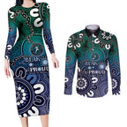 NAIDOC Week 2024 Fire Burning Couples Matching Long Sleeve Bodycon Dress and Long Sleeve Button Shirt Aboriginal Dots Blue Art
