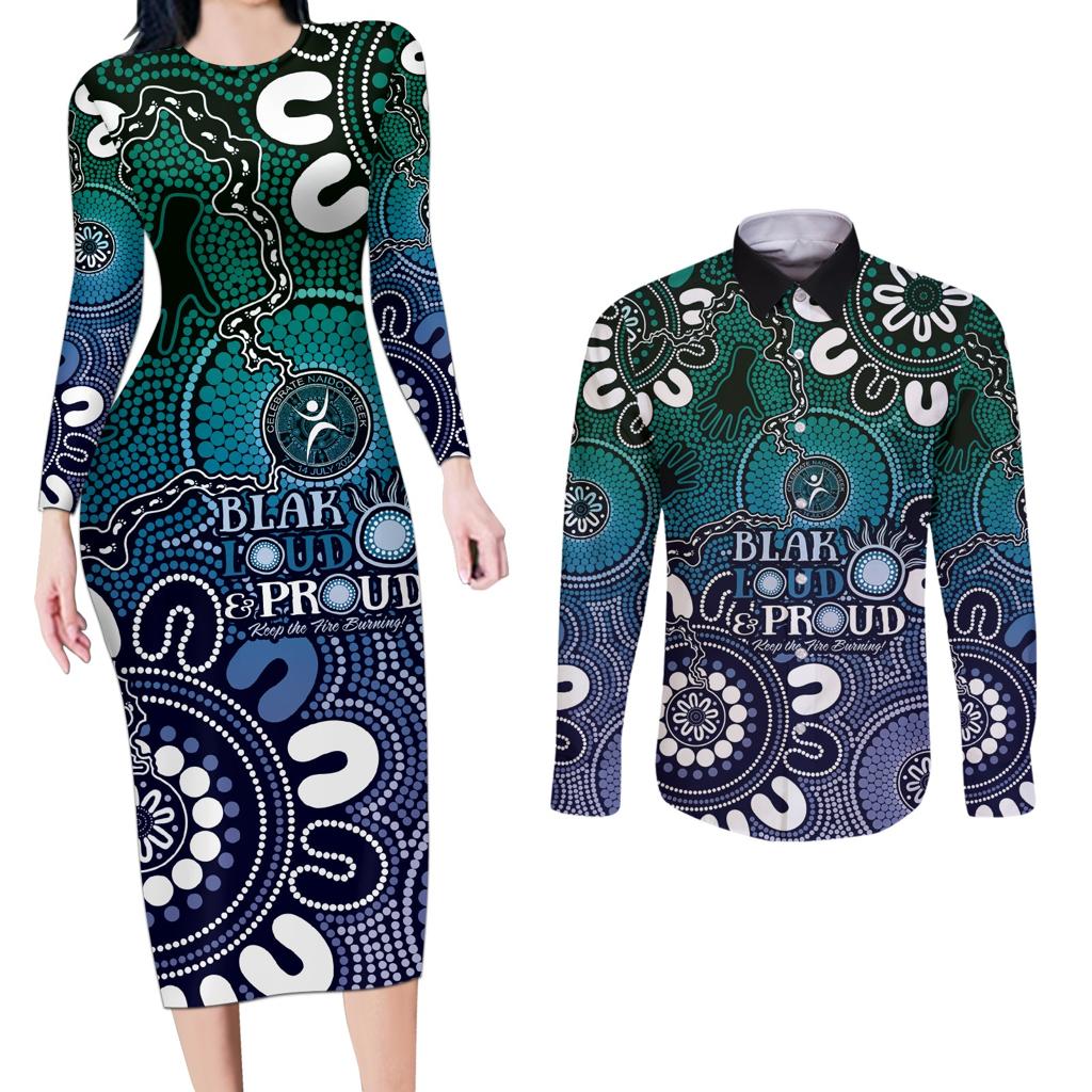 NAIDOC Week 2024 Fire Burning Couples Matching Long Sleeve Bodycon Dress and Long Sleeve Button Shirt Aboriginal Dots Blue Art