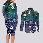 NAIDOC Week 2024 Fire Burning Couples Matching Long Sleeve Bodycon Dress and Long Sleeve Button Shirt Aboriginal Dots Blue Art
