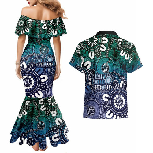 NAIDOC Week 2024 Fire Burning Couples Matching Mermaid Dress and Hawaiian Shirt Aboriginal Dots Blue Art