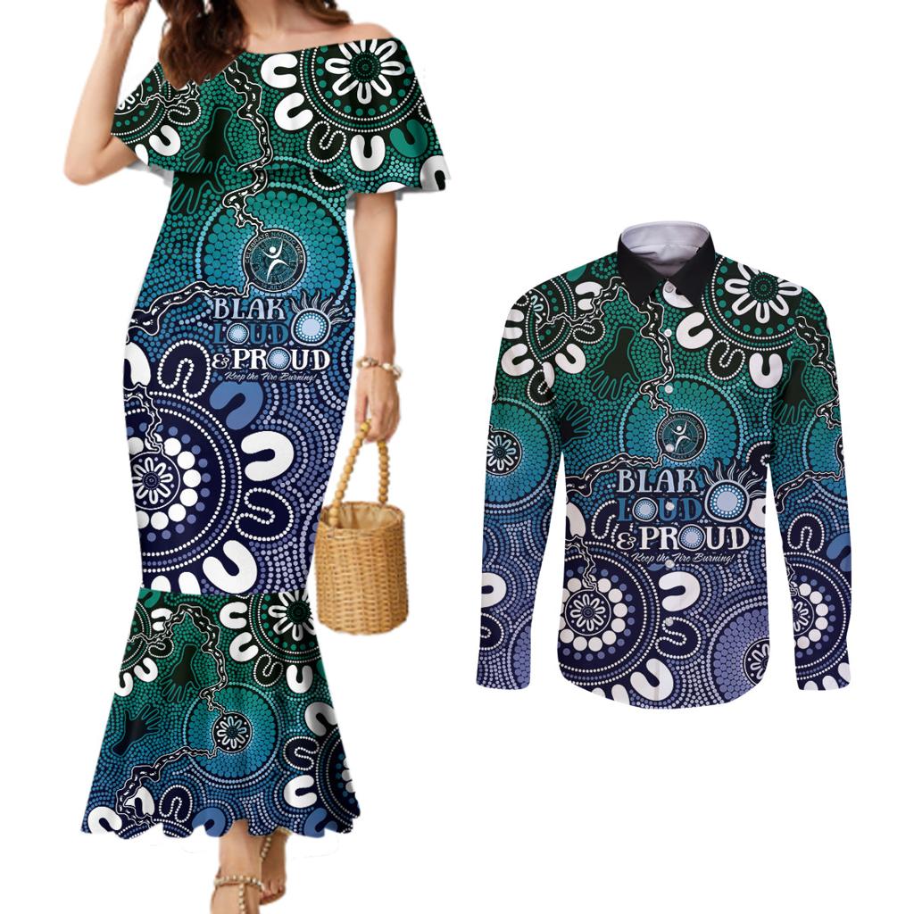 NAIDOC Week 2024 Fire Burning Couples Matching Mermaid Dress and Long Sleeve Button Shirt Aboriginal Dots Blue Art