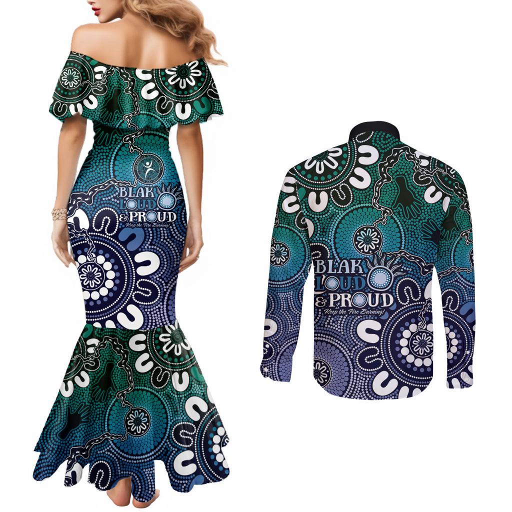 NAIDOC Week 2024 Fire Burning Couples Matching Mermaid Dress and Long Sleeve Button Shirt Aboriginal Dots Blue Art
